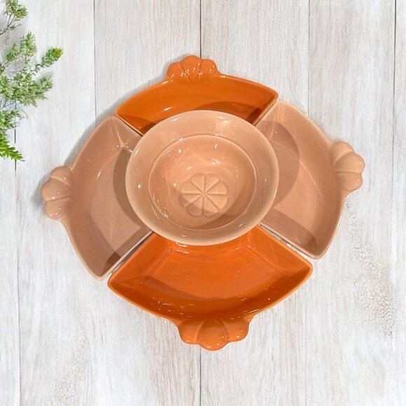 Vintage MCM California Pottery Serving Dish Chip Dip 5 Piece Orange Coral J31 - Picture 1 of 10